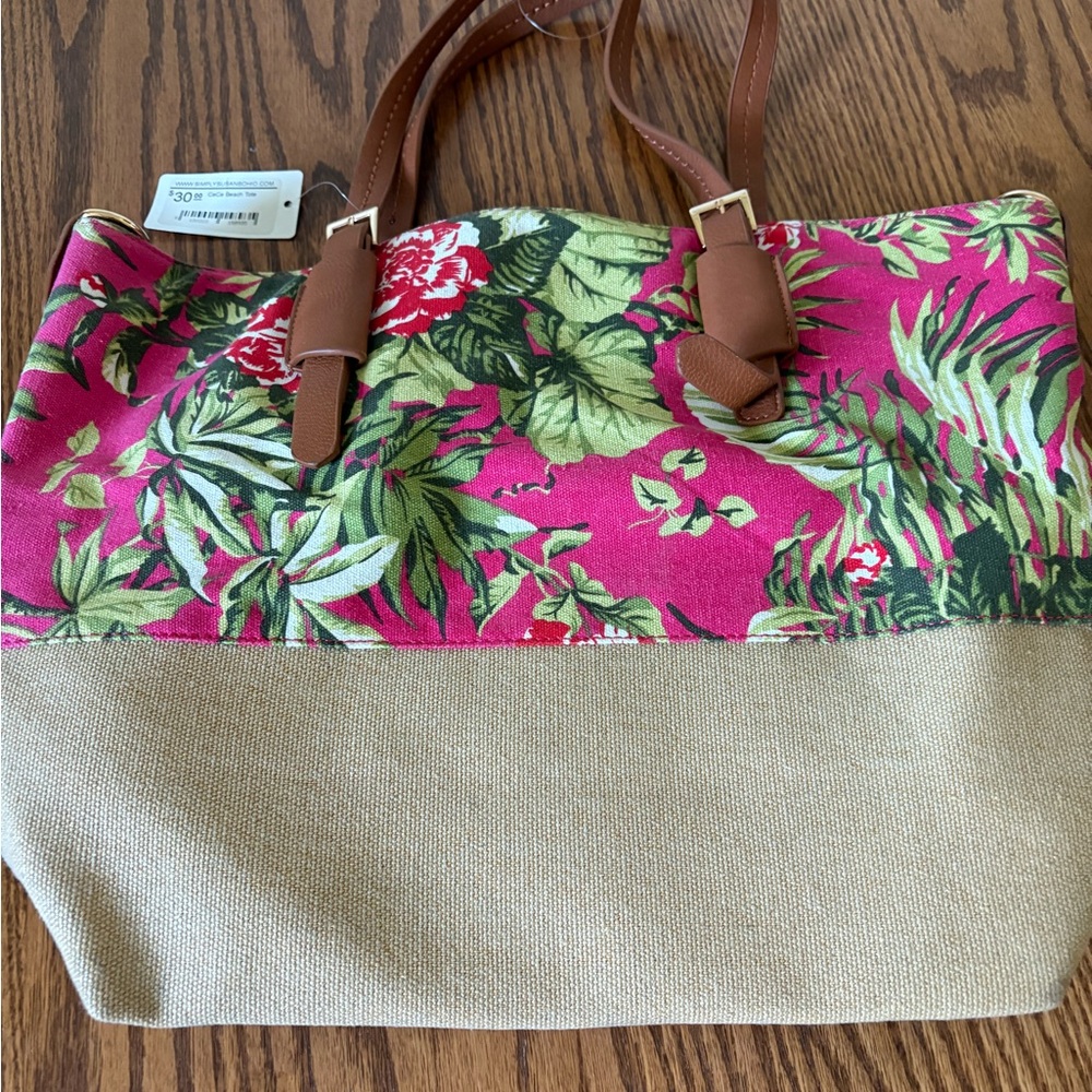 CeCe Pink Floral Canvas Tote with Tan Leather Trim